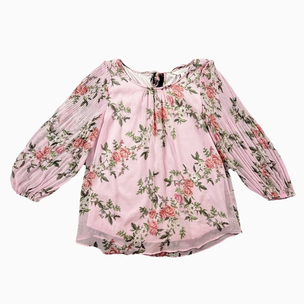 LC Lauren Conrad Pink Floral Boho Blouse XS Sheer Puff Sleeve Top